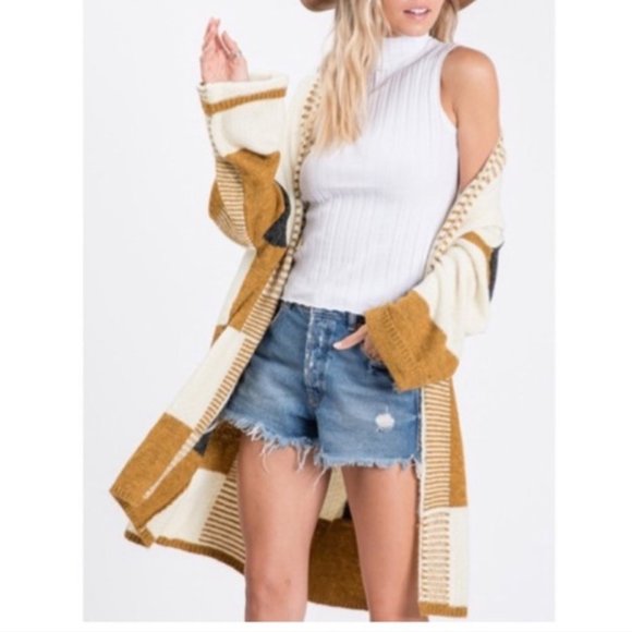 Boho Mustard Color block NEW Open Front Cardigan - Picture 6 of 8